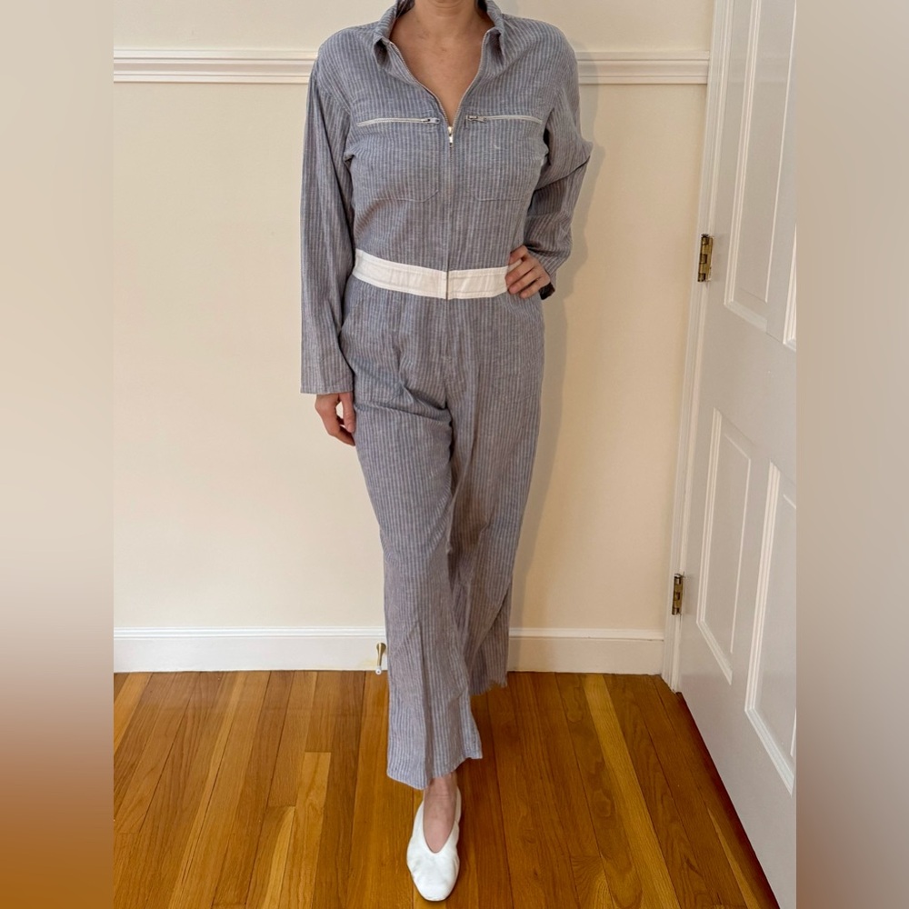 One of a kind! Jen's Pirate Booty Blue & White Palmetto Station Striped Jumpsuit